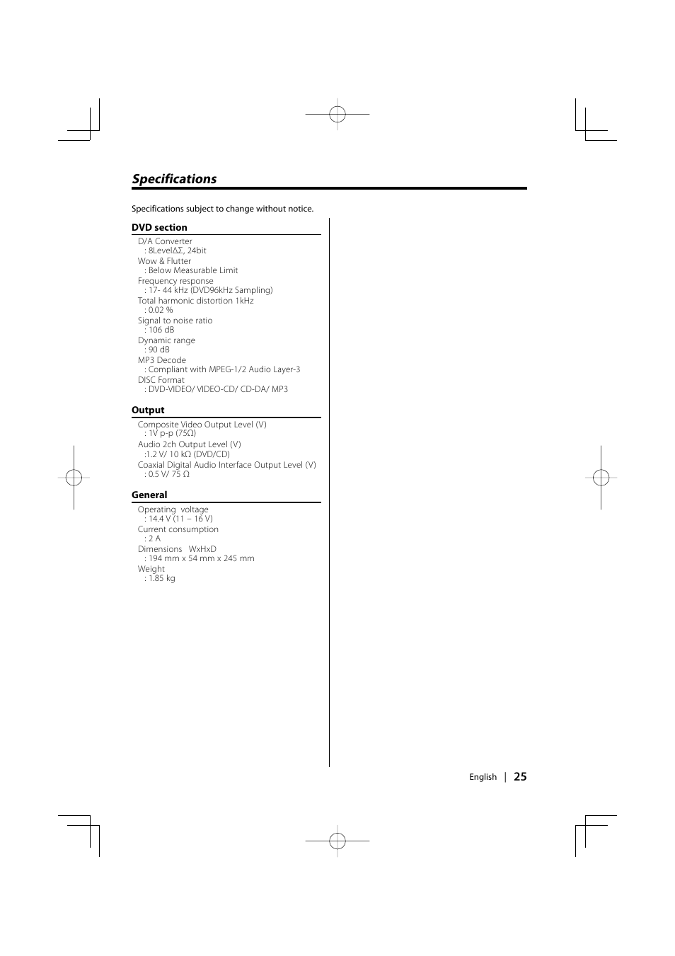 Specifications | Kenwood KDV-S220P User Manual | Page 25 / 172