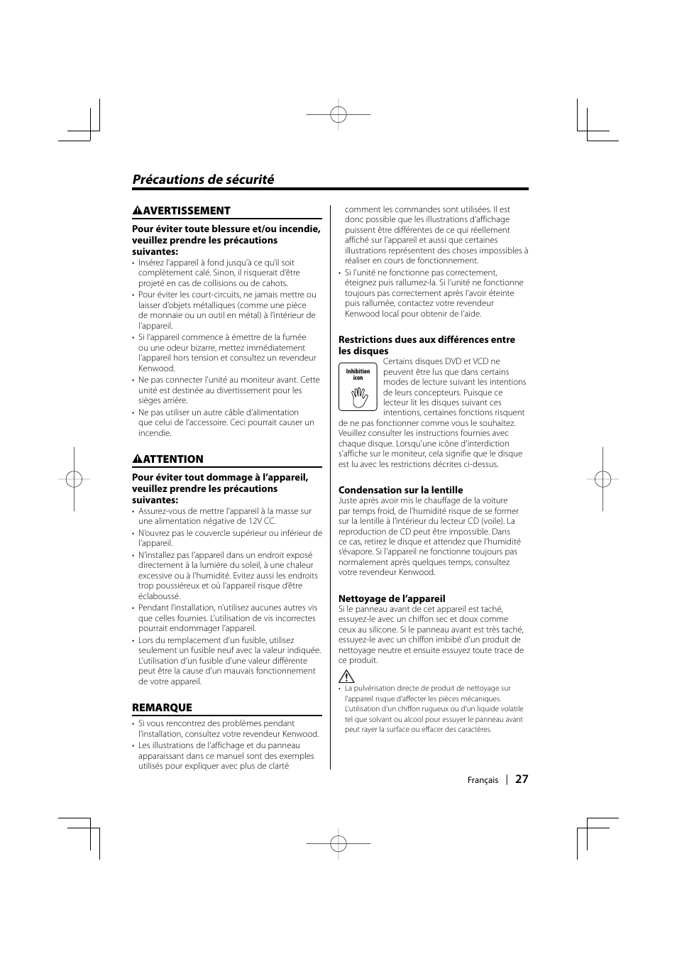 Précautions de sécurité | Kenwood KDV-S220P User Manual | Page 27 / 172
