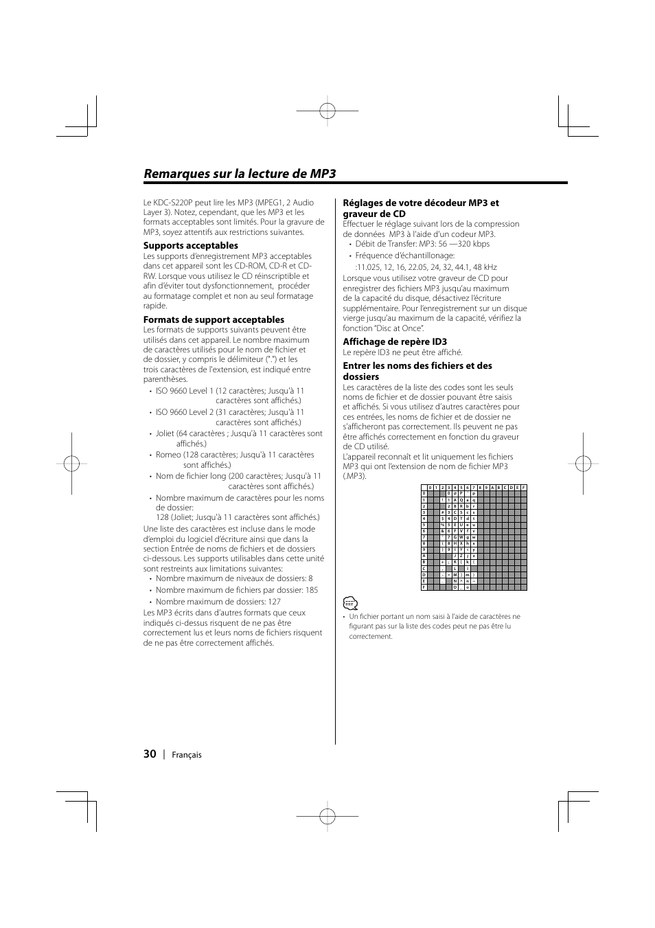 Remarques sur la lecture de mp3, Supports acceptables, Formats de support acceptables | Réglages de votre décodeur mp3 et graveur de cd, Affichage de repère id3, Entrer les noms des fichiers et des dossiers, Français, Le repère id3 ne peut être affiché | Kenwood KDV-S220P User Manual | Page 30 / 172