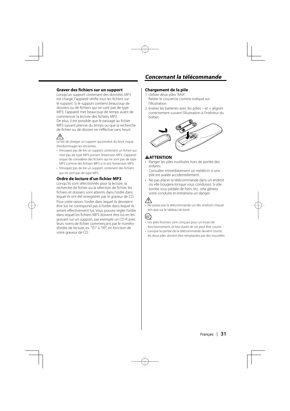 Concernant la télécommande | Kenwood KDV-S220P User Manual | Page 31 / 172