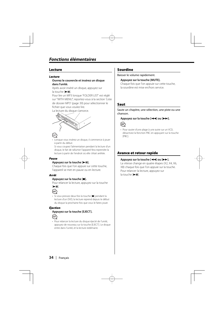 Fonctions élémentaires | Kenwood KDV-S220P User Manual | Page 34 / 172