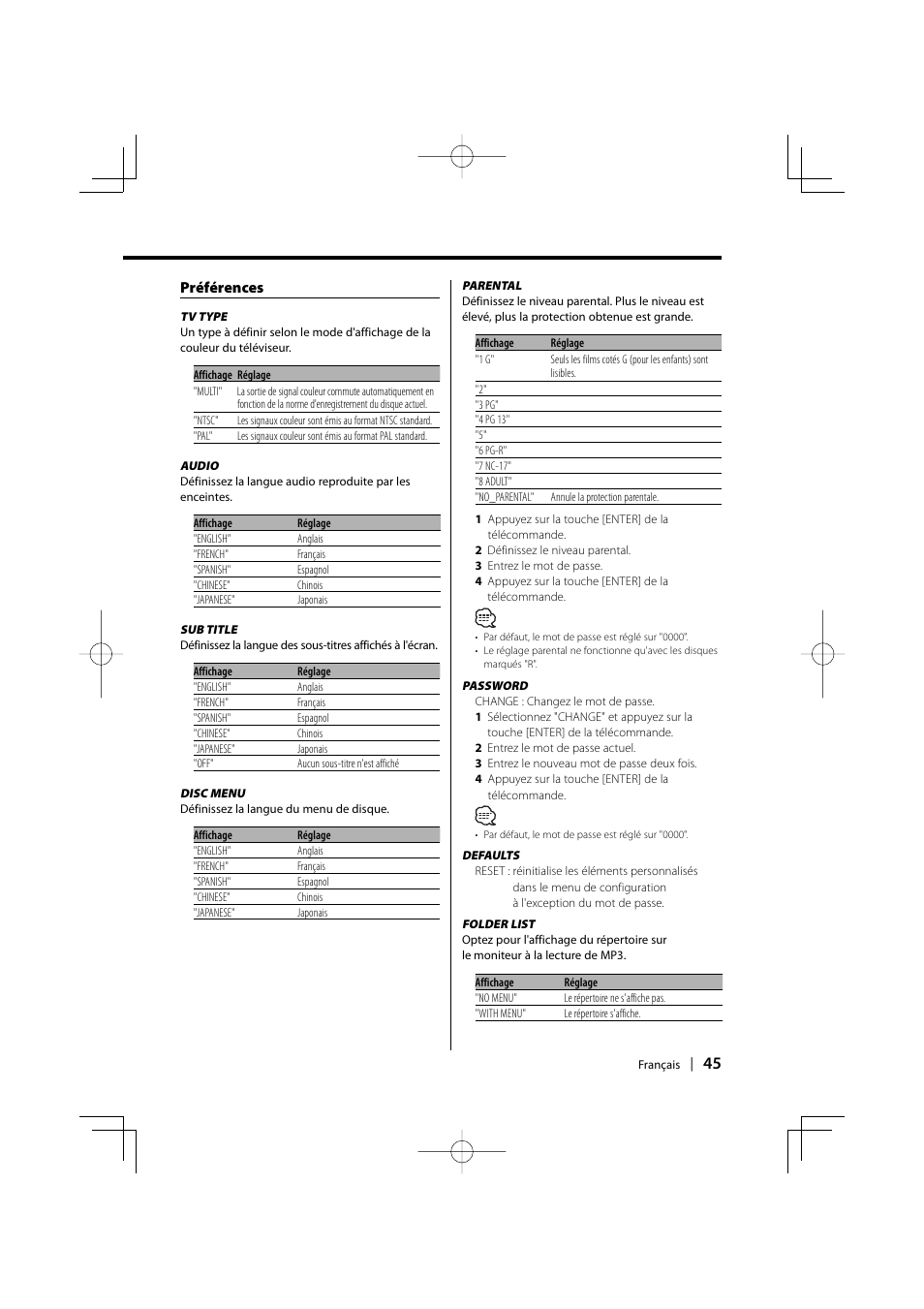 Préférences | Kenwood KDV-S220P User Manual | Page 45 / 172
