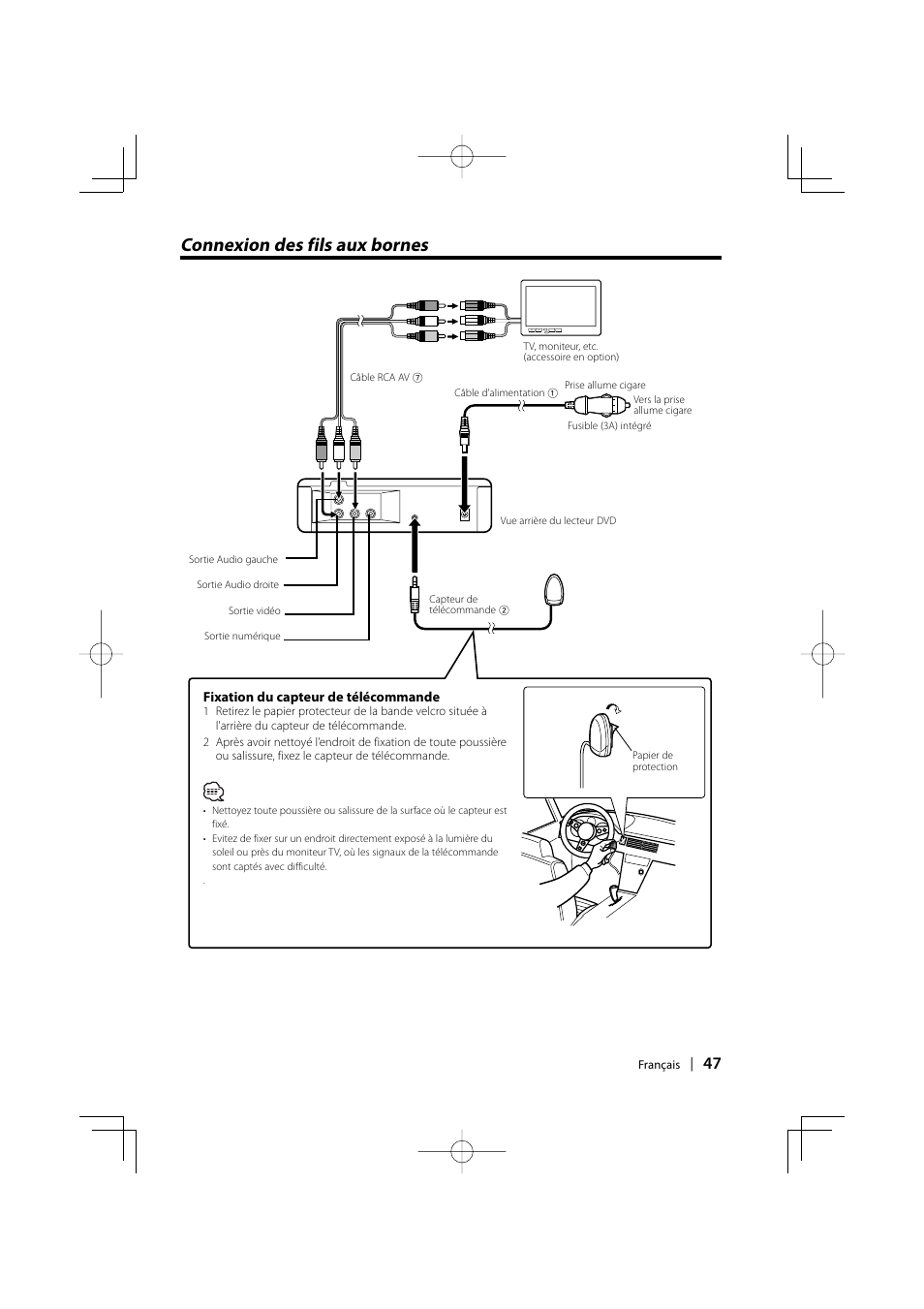 Connexion des fils aux bornes | Kenwood KDV-S220P User Manual | Page 47 / 172