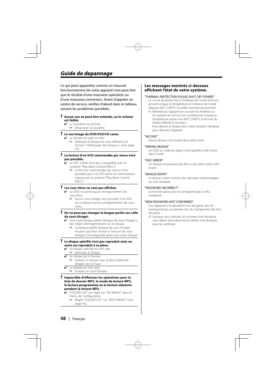 Guide de depannage | Kenwood KDV-S220P User Manual | Page 48 / 172