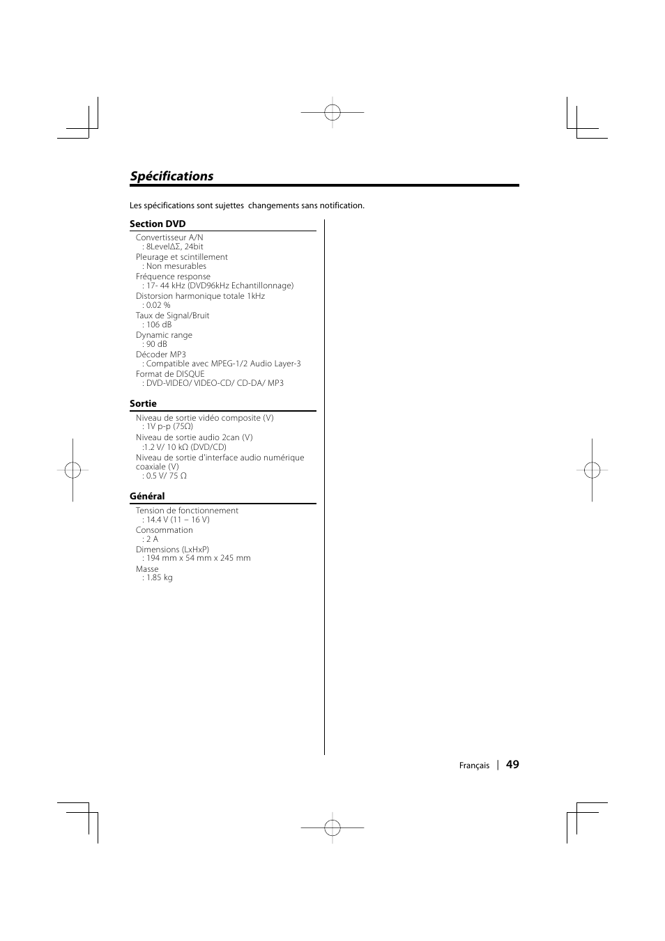 Spécifications | Kenwood KDV-S220P User Manual | Page 49 / 172