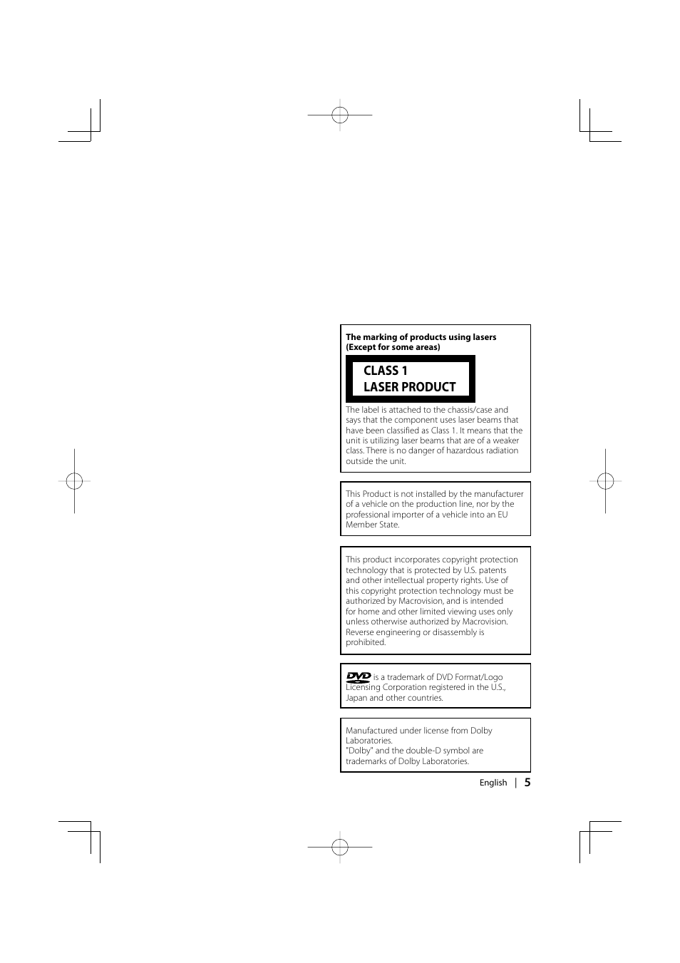 Class 1 laser product | Kenwood KDV-S220P User Manual | Page 5 / 172