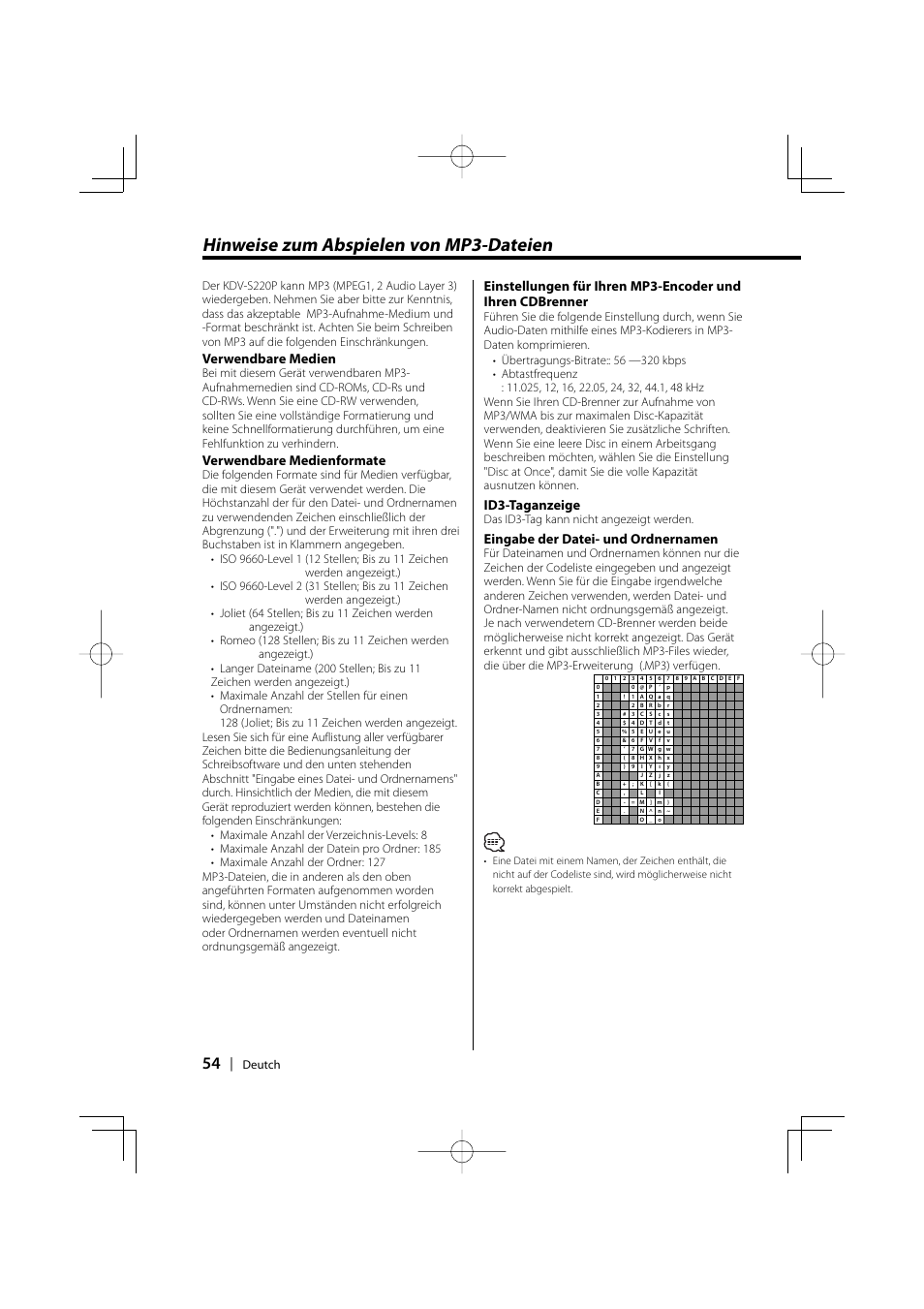 Hinweise zum abspielen von mp3-dateien, Verwendbare medien, Verwendbare medienformate | Id3-taganzeige, Eingabe der datei- und ordnernamen, Deutch, Das id3-tag kann nicht angezeigt werden | Kenwood KDV-S220P User Manual | Page 54 / 172