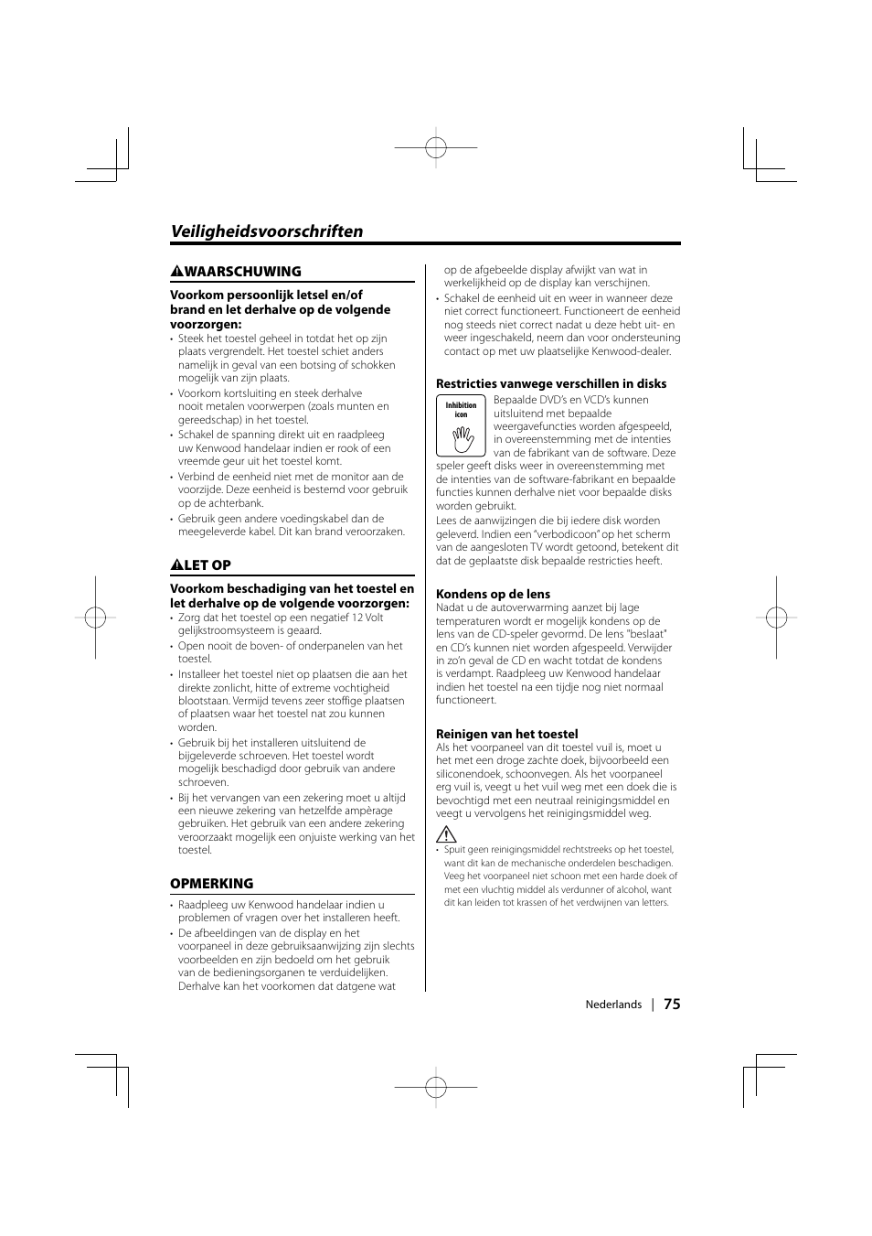 Veiligheidsvoorschriften | Kenwood KDV-S220P User Manual | Page 75 / 172