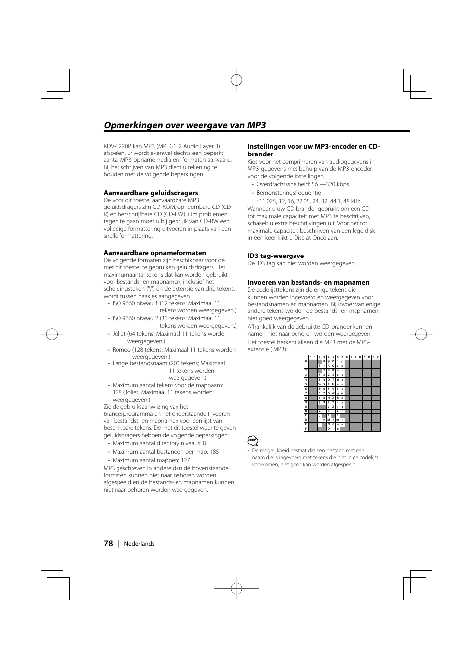 Opmerkingen over weergave van mp3, Aanvaardbare geluidsdragers, Aanvaardbare opnameformaten | Instellingen voor uw mp3-encoder en cd- brander, Id3 tag-weergave, Invoeren van bestands- en mapnamen, Nederlands, De id3 tag kan niet worden weergegeven | Kenwood KDV-S220P User Manual | Page 78 / 172