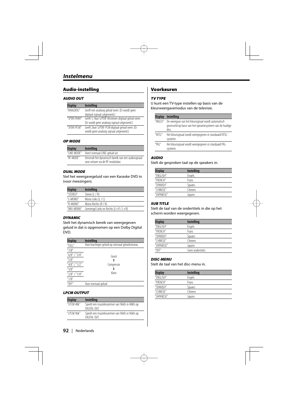 Instelmenu, Audio-instelling, Voorkeuren | Kenwood KDV-S220P User Manual | Page 92 / 172