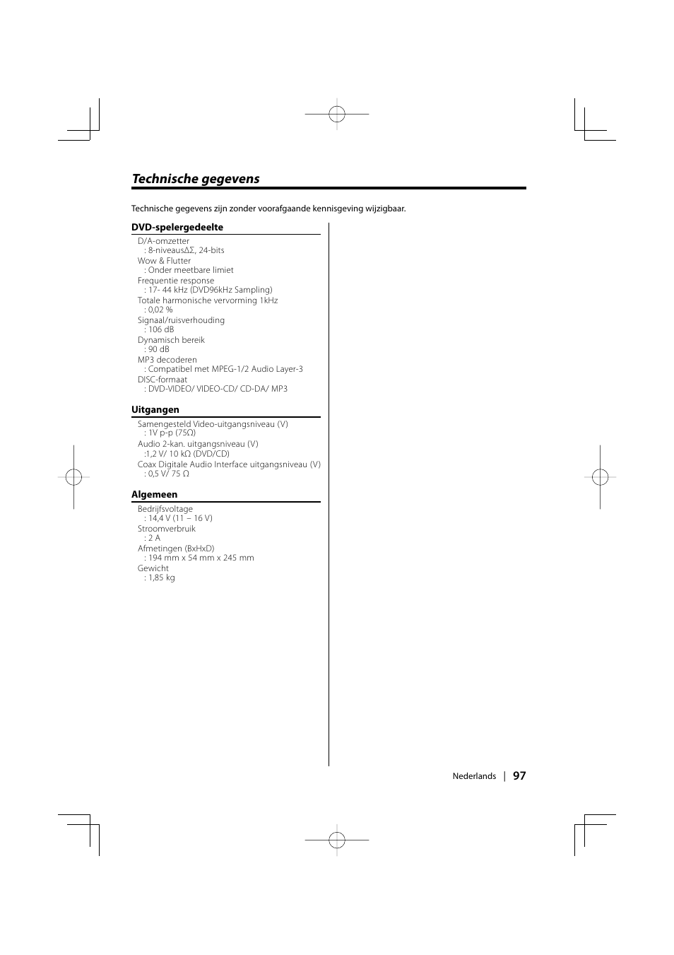 Technische gegevens | Kenwood KDV-S220P User Manual | Page 97 / 172