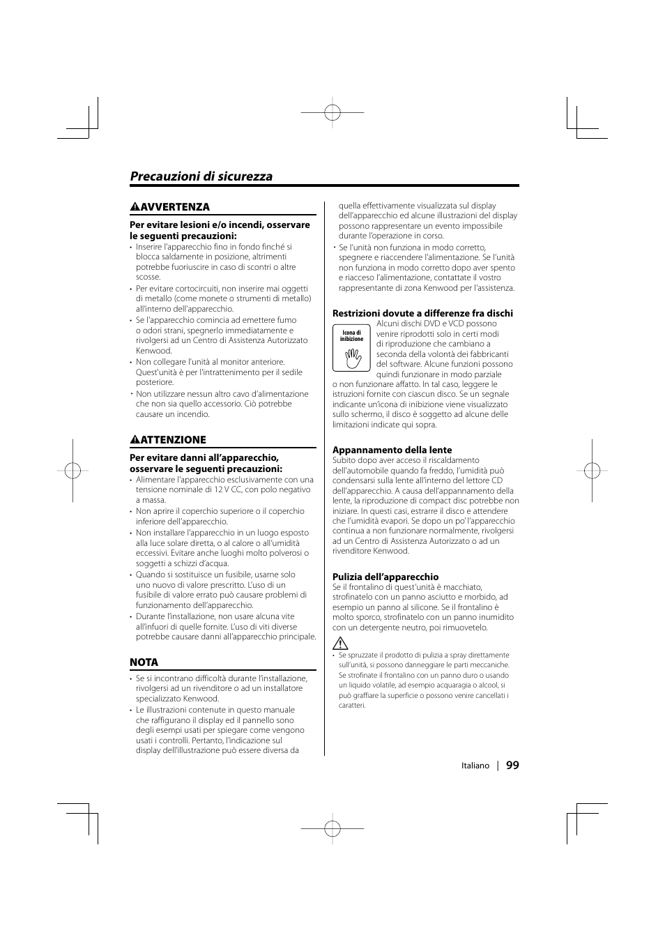 Precauzioni di sicurezza | Kenwood KDV-S220P User Manual | Page 99 / 172
