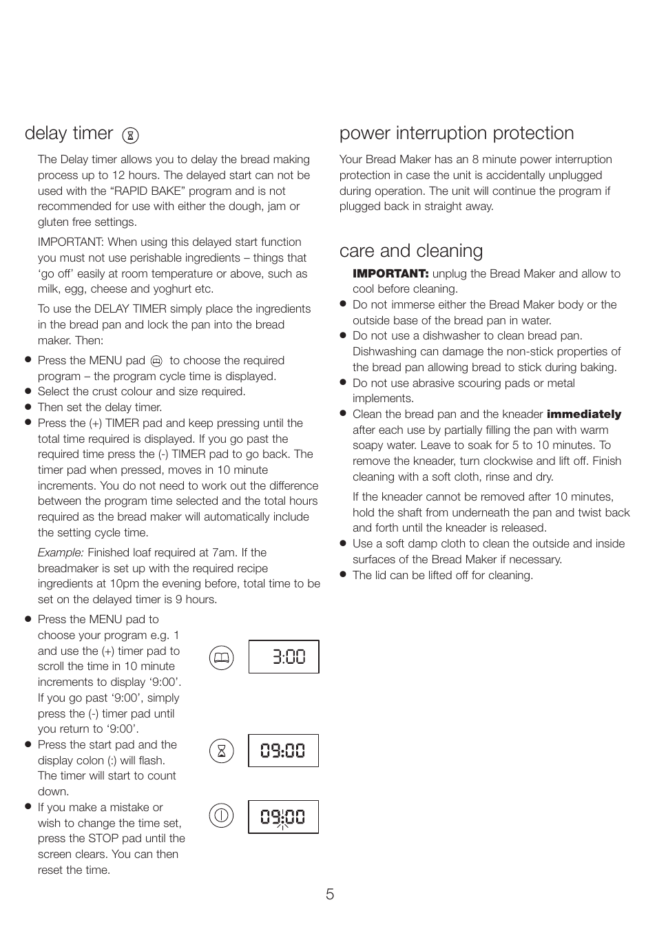 Delay timer, Power interruption protection, Care and cleaning | Kenwood BM350 User Manual | Page 9 / 19