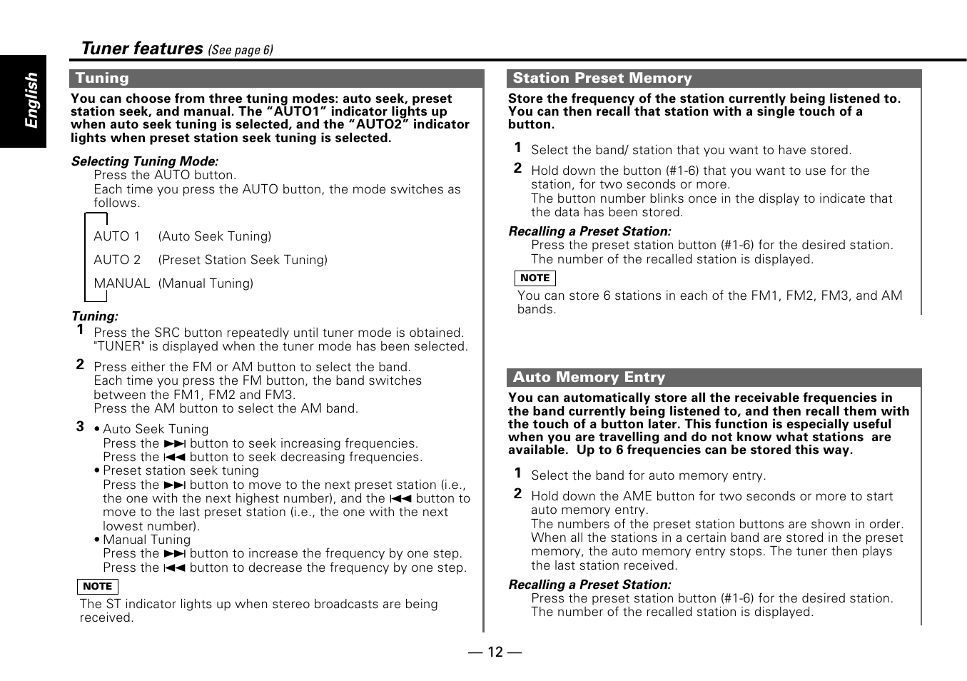 Tuner features, English | Kenwood KDC-PS909 User Manual | Page 12 / 40