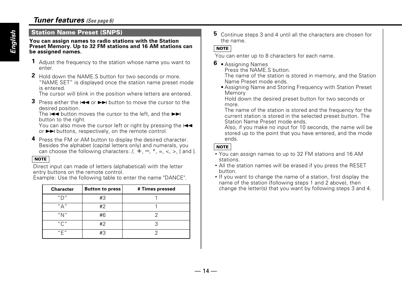 Tuner features, English | Kenwood KDC-PS909 User Manual | Page 14 / 40