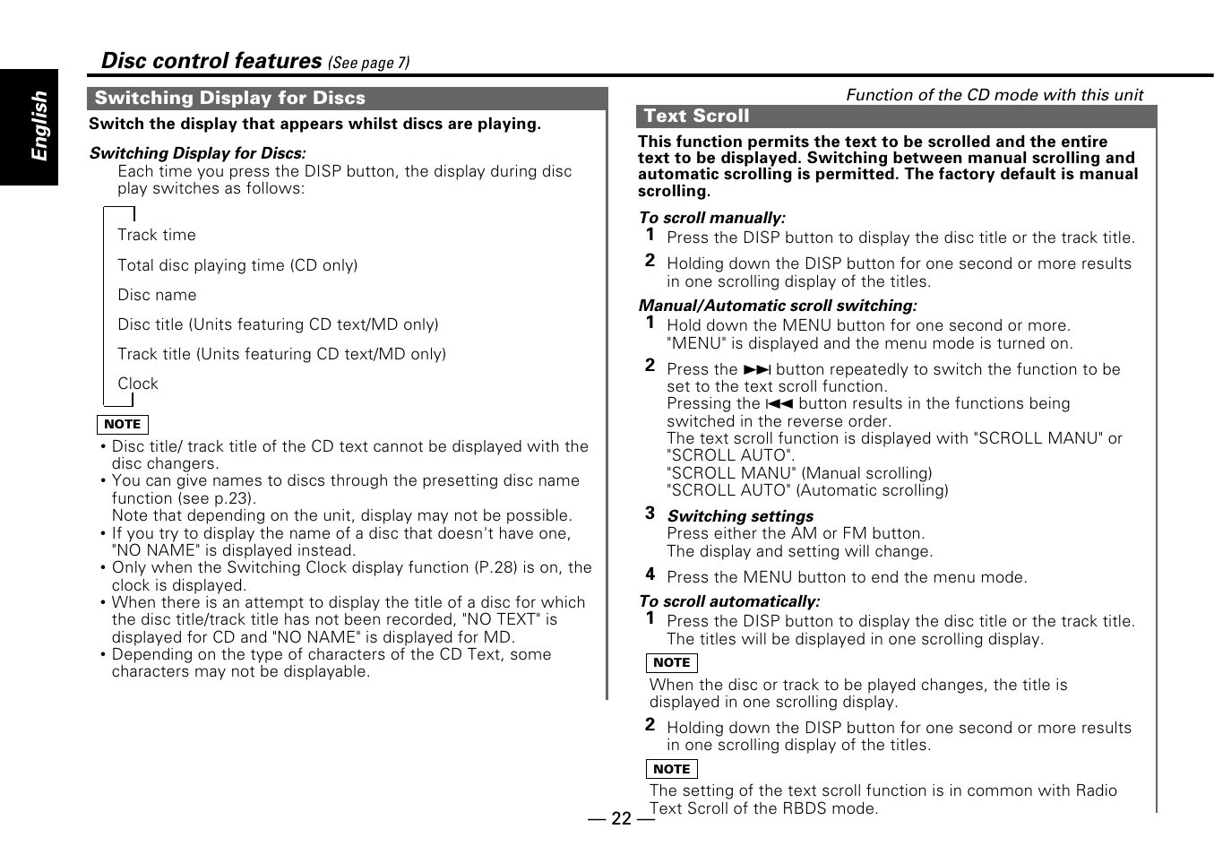 Disc control features, English | Kenwood KDC-PS909 User Manual | Page 22 / 40