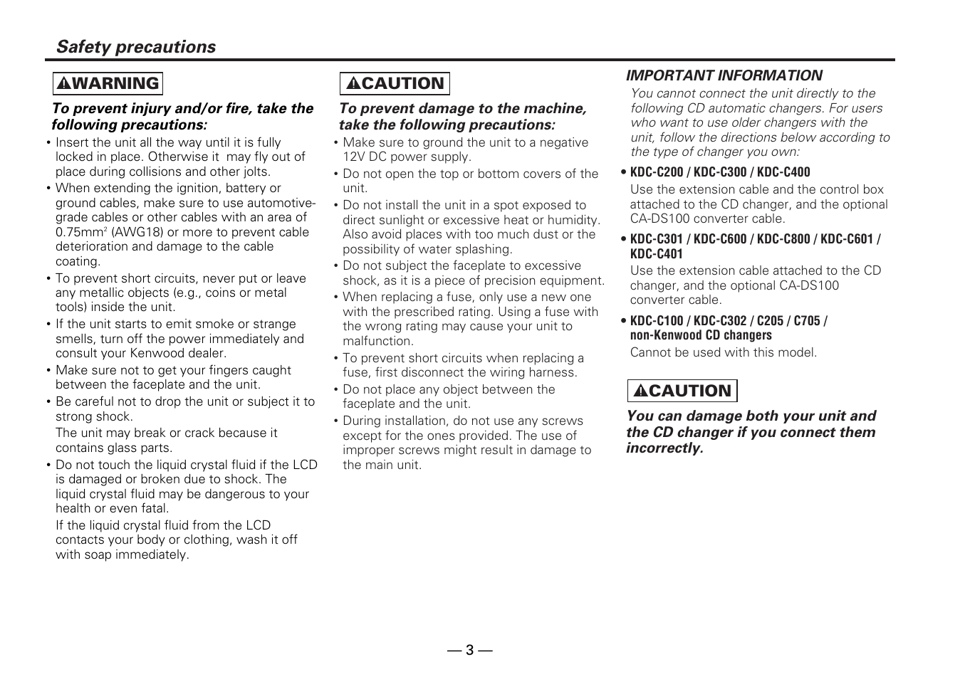 Safety precautions, 2 warning, 2 caution | Kenwood KDC-PS909 User Manual | Page 3 / 40