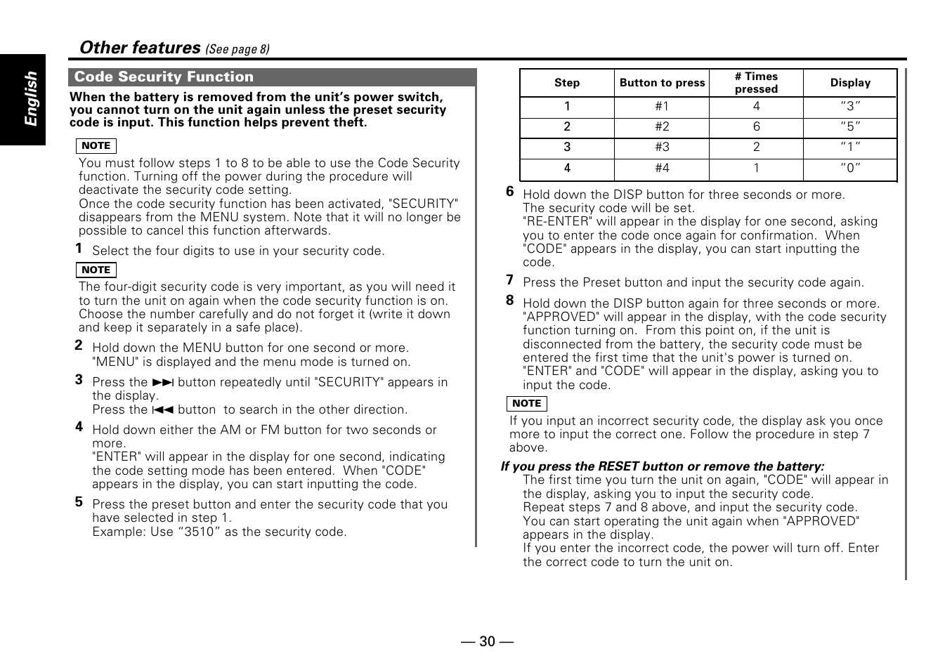 Other features, English | Kenwood KDC-PS909 User Manual | Page 30 / 40