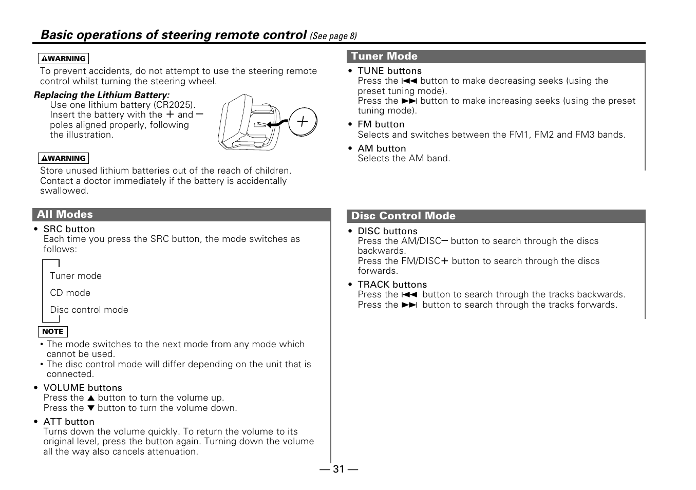 Basic operations of steering remote control | Kenwood KDC-PS909 User Manual | Page 31 / 40