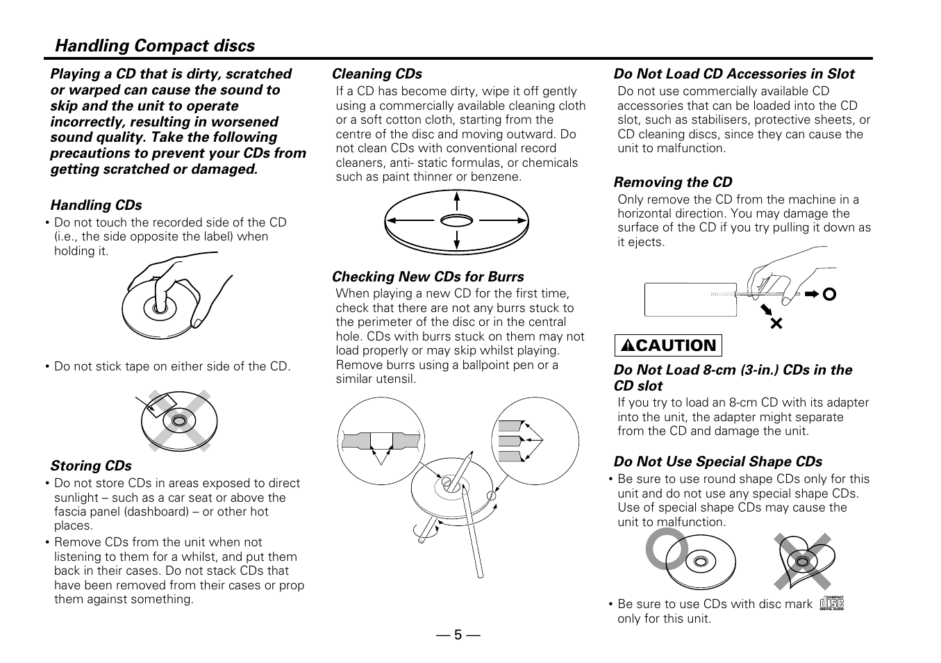 Handling compact discs, 2 caution | Kenwood KDC-PS909 User Manual | Page 5 / 40