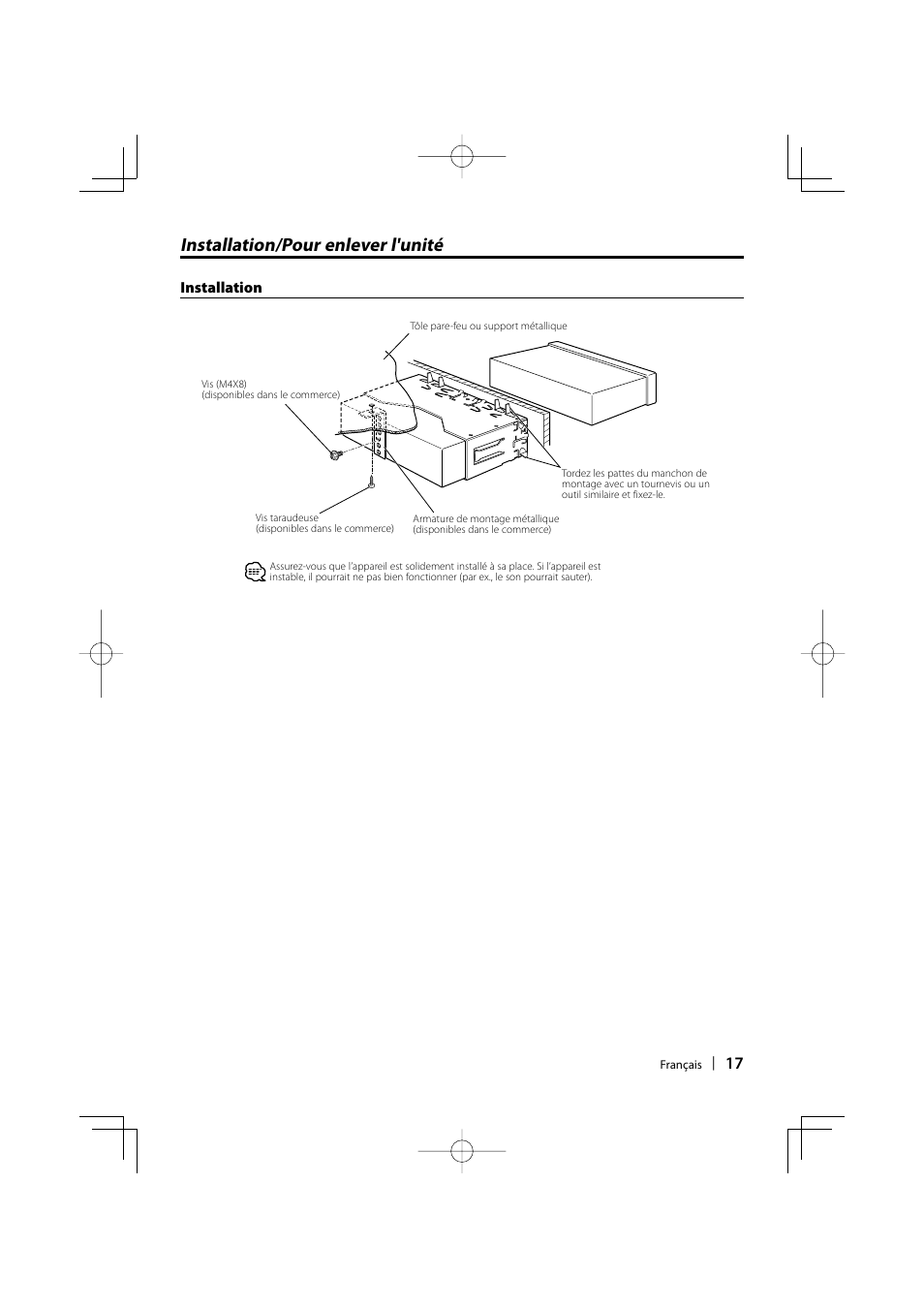 Installation/pour enlever l'unité | Kenwood KVT-532 User Manual | Page 17 / 32