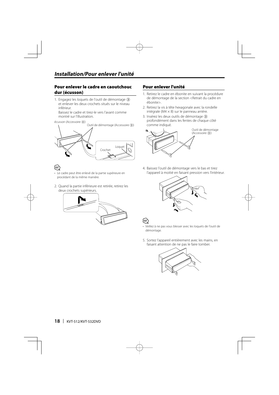 Installation/pour enlever l'unité | Kenwood KVT-532 User Manual | Page 18 / 32