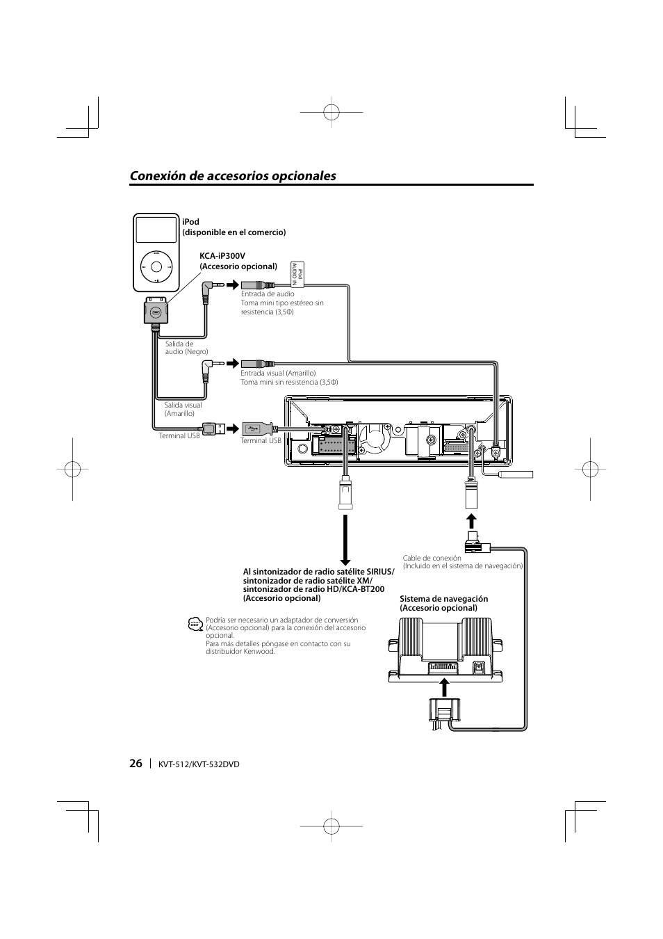 Conexión de accesorios opcionales | Kenwood KVT-532 User Manual | Page 26 / 32