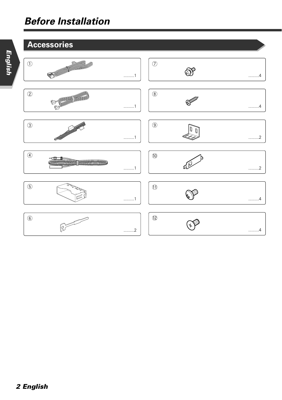 Before installation, Accessories, English 2 english | Kenwood KVT-765DVD User Manual | Page 2 / 40