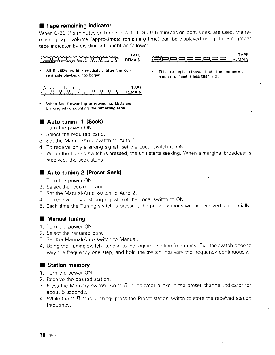 Tape remaining indicator, Auto tuning 1 (seek), Auto tuning 2 (preset seek) | Manual tuning, Station memory | Kenwood KRC-999II User Manual | Page 10 / 18