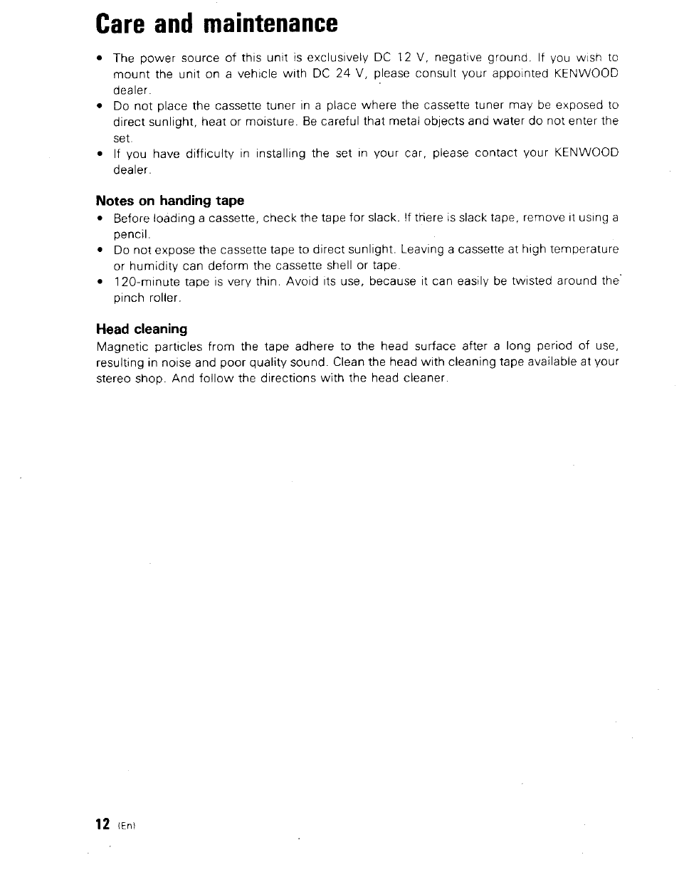 Care and maintenance, Notes on handing tape, Head cleaning | Kenwood KRC-999II User Manual | Page 12 / 18