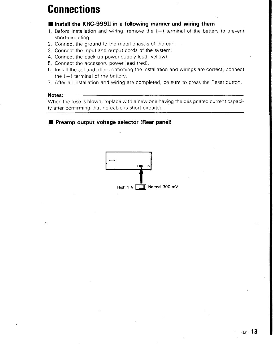 Connections, Preamp output voltage selector (rear panel) | Kenwood KRC-999II User Manual | Page 13 / 18