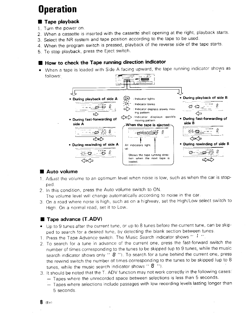 Operation, Tape playback, How to check the tape running direction indicator | Ш auto volume, Tape advance (t.adv) | Kenwood KRC-999II User Manual | Page 8 / 18