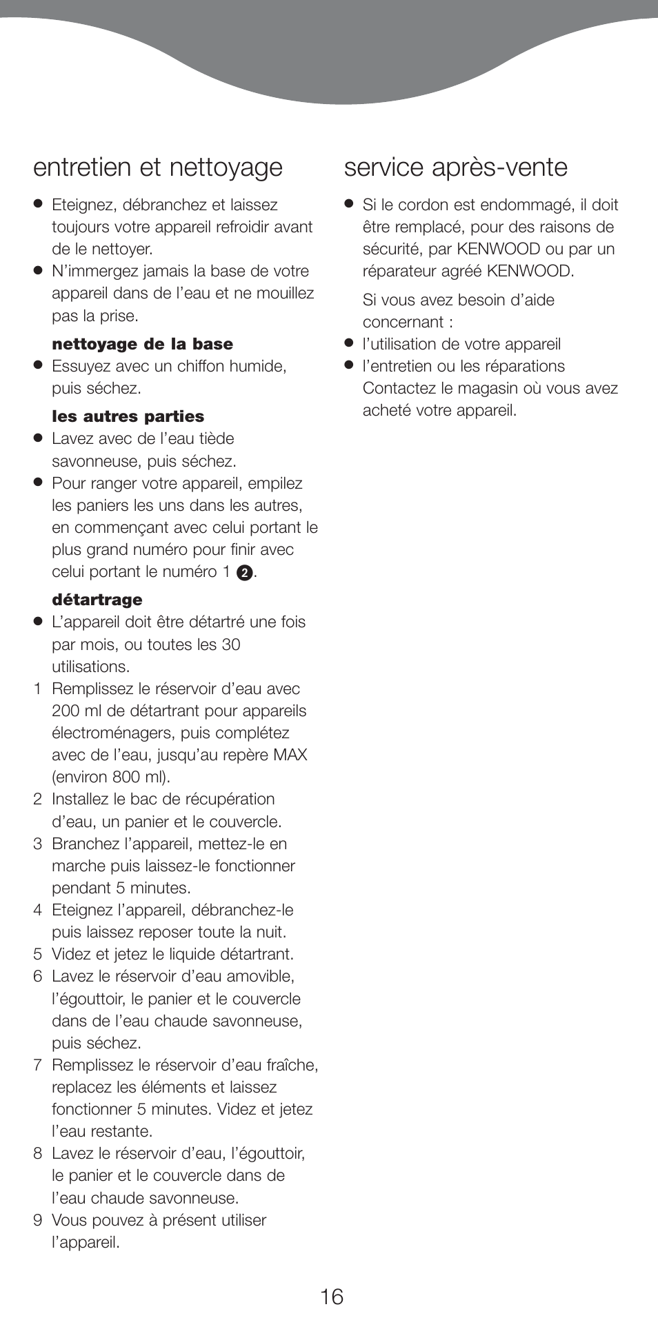 Entretien et nettoyage, Service après-vente | Kenwood FS620 User Manual | Page 16 / 105