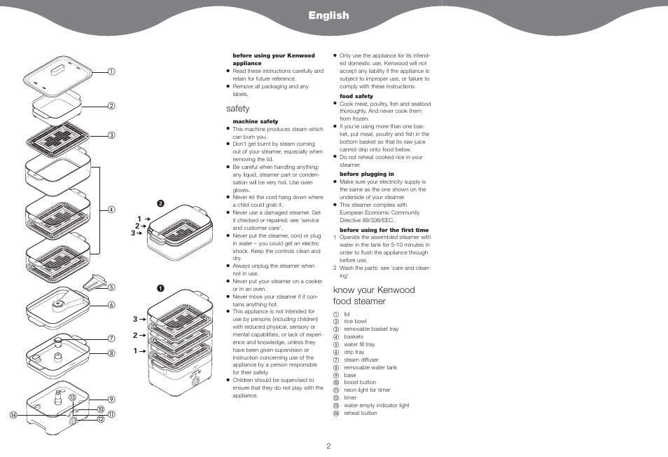 English, Safety, Know your kenwood food steamer | Before using your kenwood appliance, Remove all packaging and any labels, Machine safety, This machine produces steam which can burn you, Always unplug the steamer when not in use, Never put your steamer on a cooker or in an oven | Kenwood FS620 User Manual | Page 2 / 105