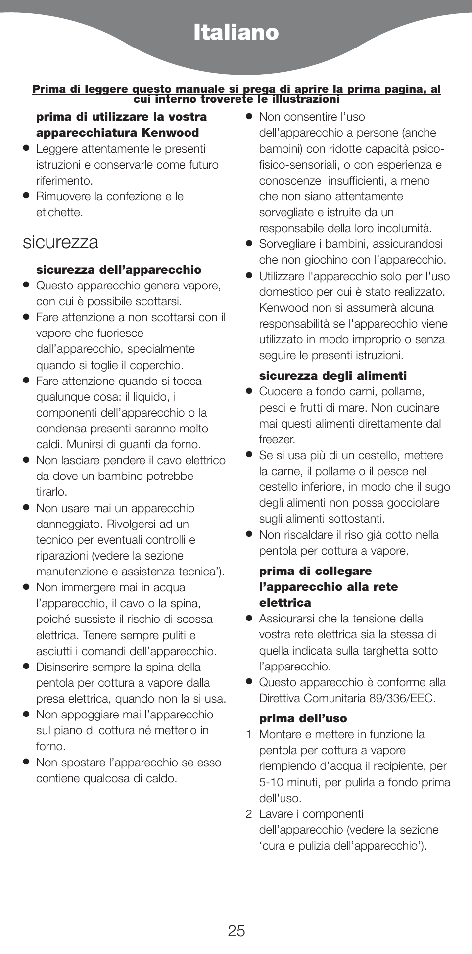 Italiano, Sicurezza | Kenwood FS620 User Manual | Page 25 / 105