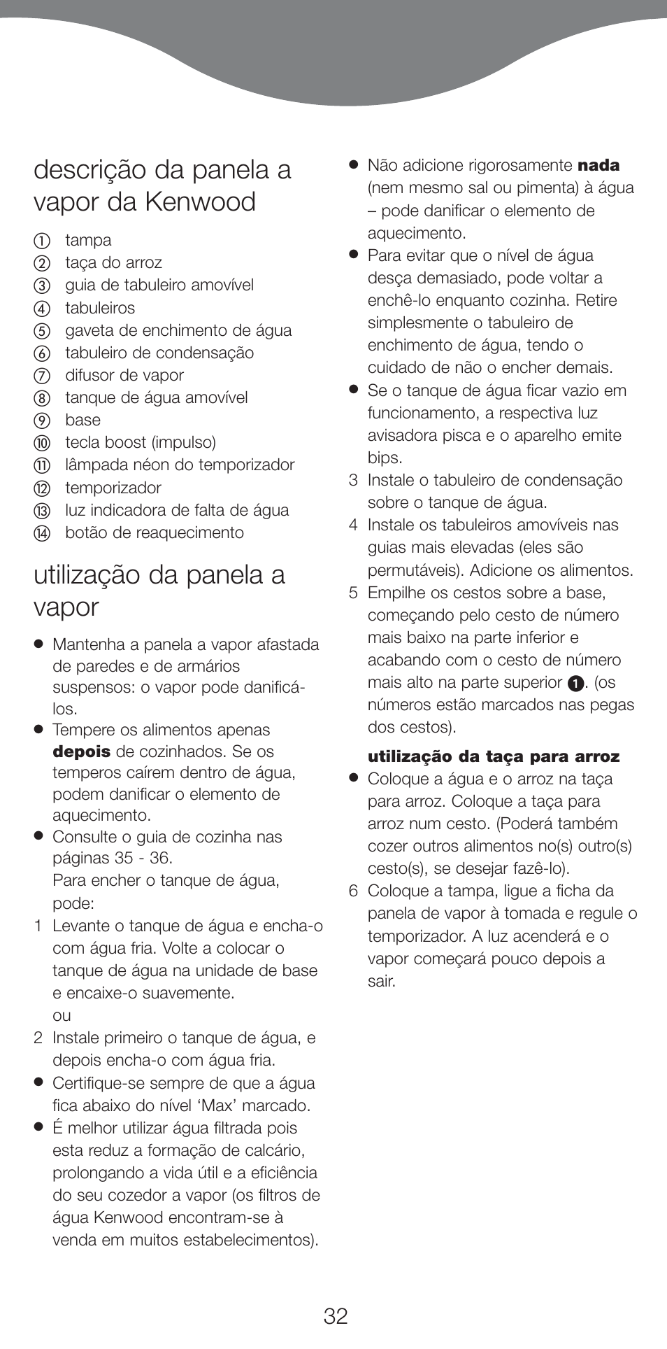 Descrição da panela a vapor da kenwood, Utilização da panela a vapor | Kenwood FS620 User Manual | Page 32 / 105