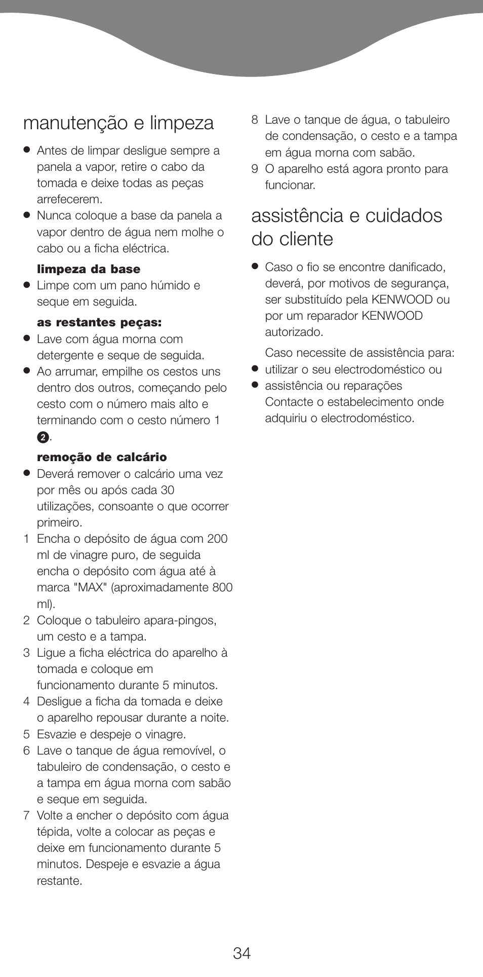 Manutenção e limpeza, Assistência e cuidados do cliente | Kenwood FS620 User Manual | Page 34 / 105