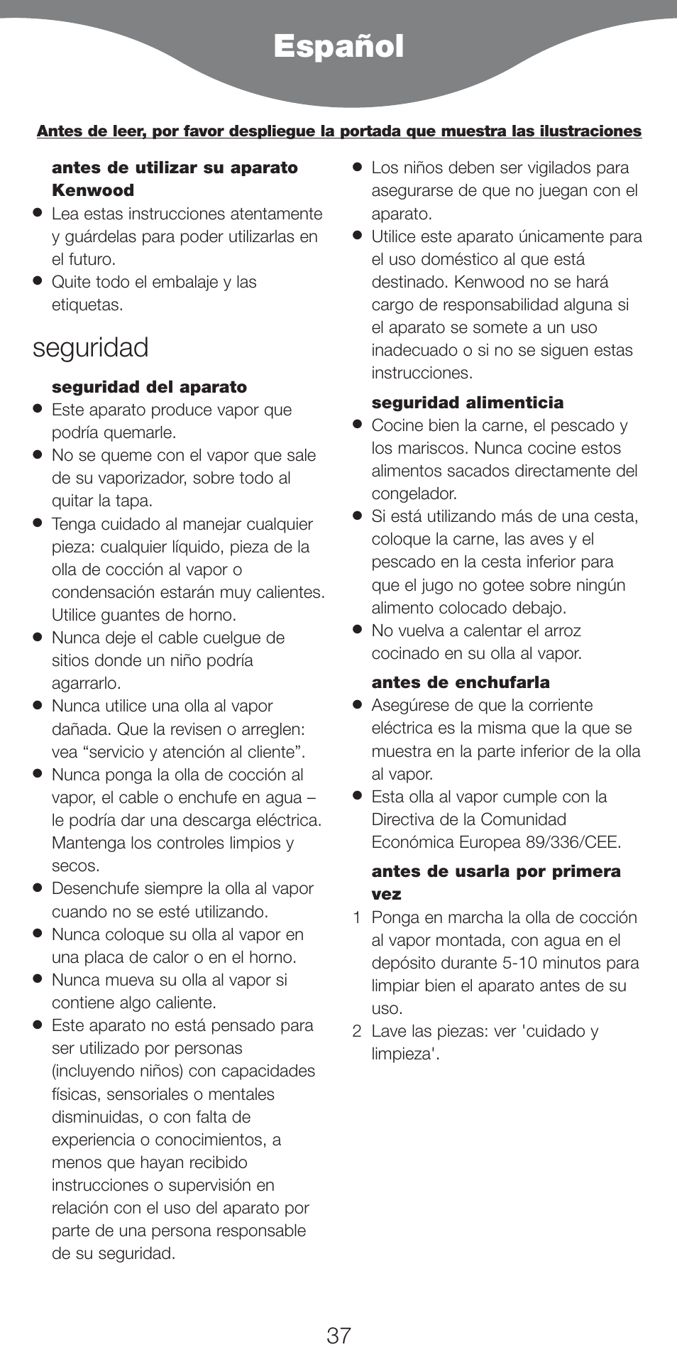 Español, Seguridad | Kenwood FS620 User Manual | Page 37 / 105