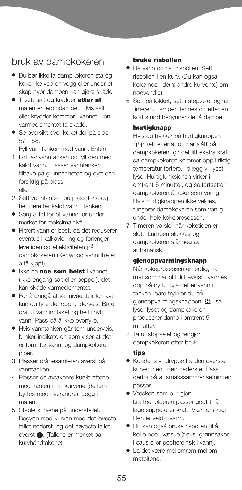 Bruk av dampkokeren | Kenwood FS620 User Manual | Page 55 / 105