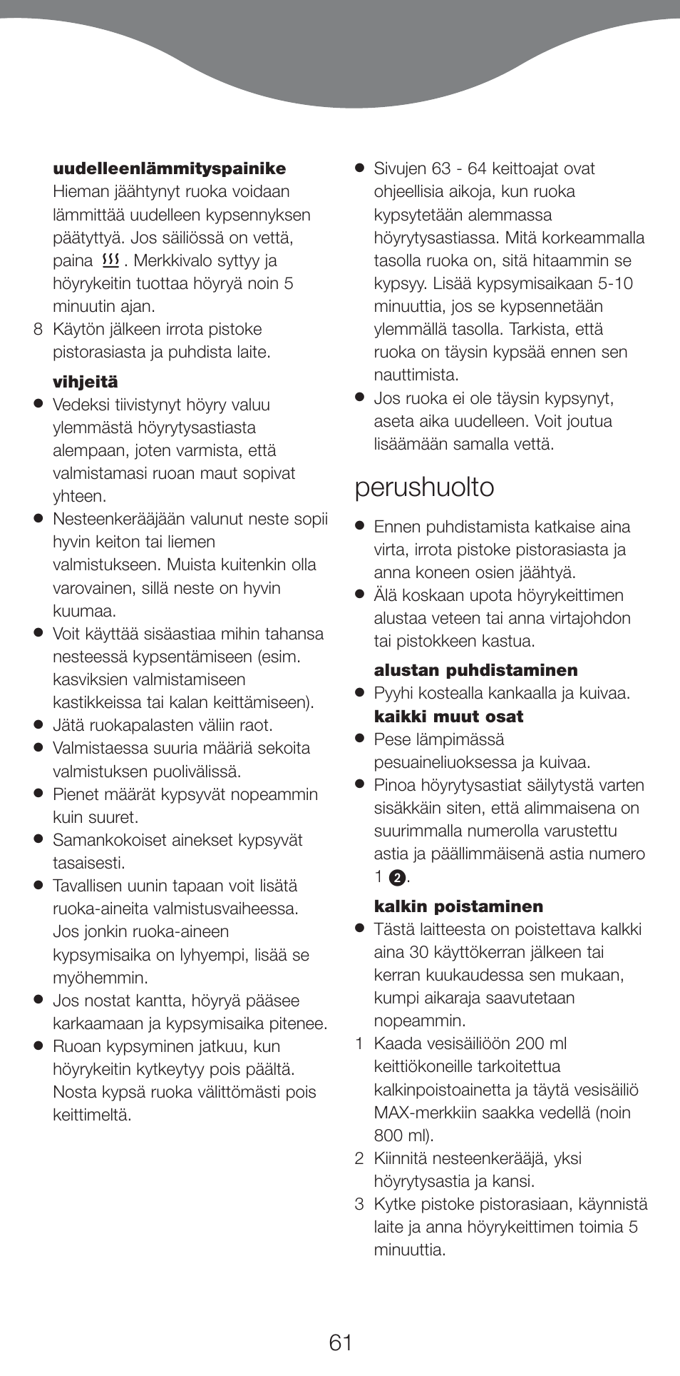 Perushuolto | Kenwood FS620 User Manual | Page 61 / 105