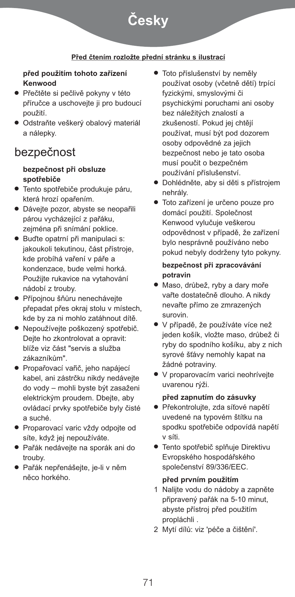 Ïesky, Bezpeïnost | Kenwood FS620 User Manual | Page 71 / 105