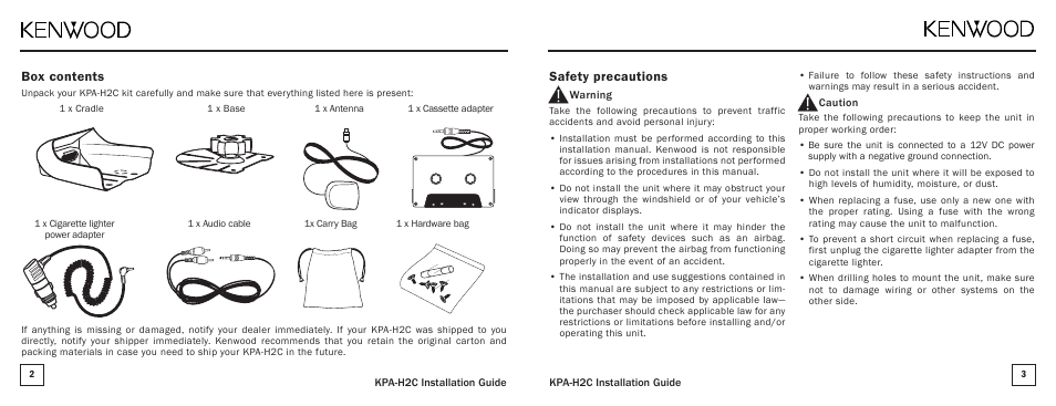 Safety precautions, Box contents | Kenwood SIRIUS KPA-H2C User Manual | Page 2 / 5