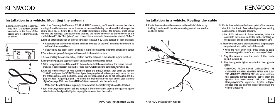 Installation in a vehicle: routing the cable, Installation in a vehicle: mounting the antenna | Kenwood SIRIUS KPA-H2C User Manual | Page 4 / 5