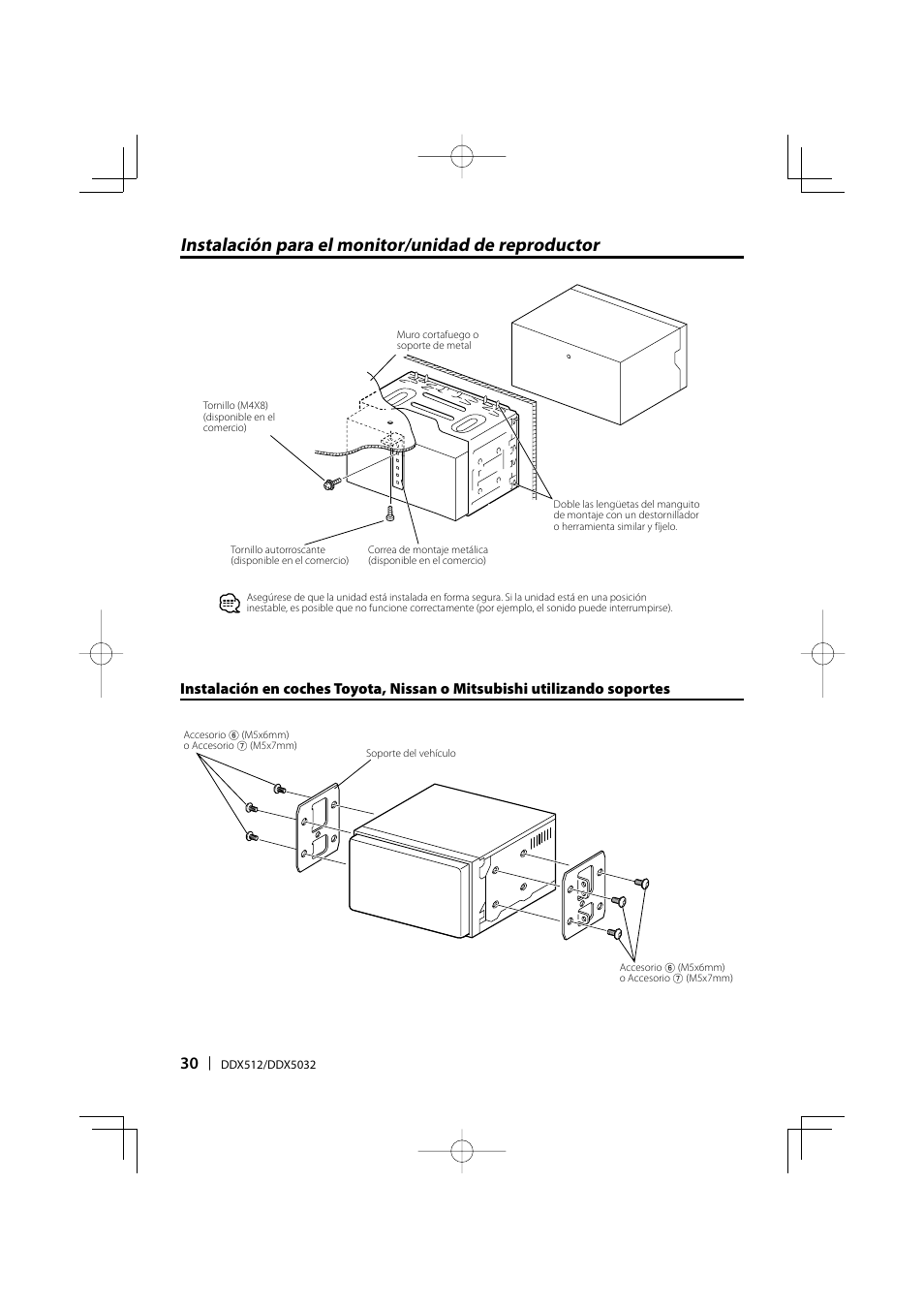 Instalación para el monitor/unidad de reproductor | Kenwood DDX-512 User Manual | Page 30 / 32