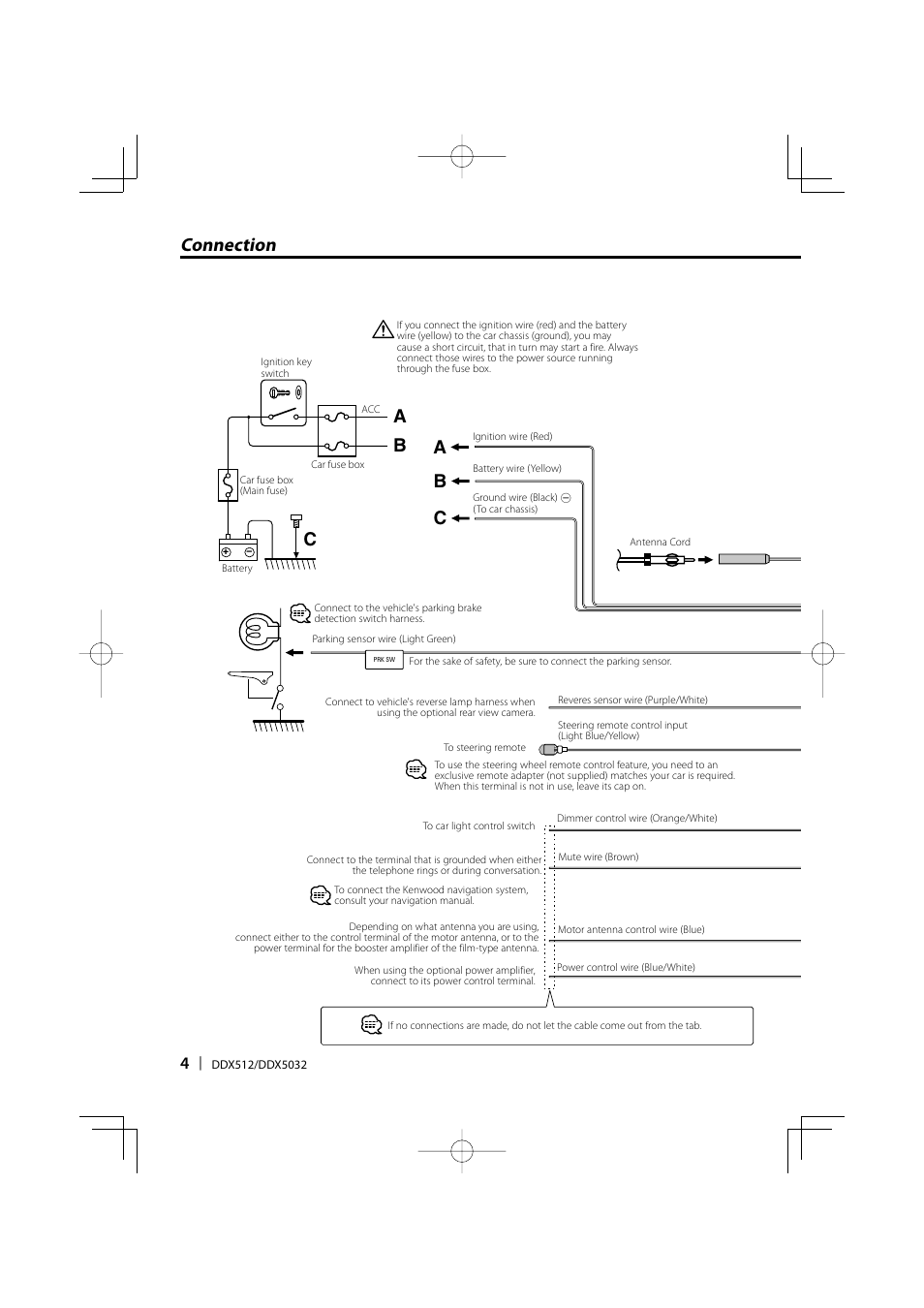 Connection b c, Bc a a | Kenwood DDX-512 User Manual | Page 4 / 32