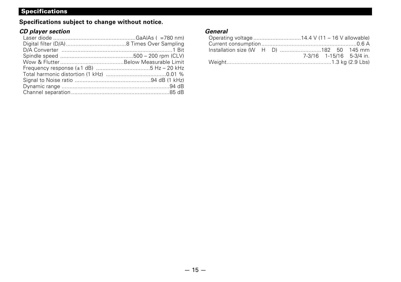 Specifications | Kenwood KDC-D300 User Manual | Page 15 / 15