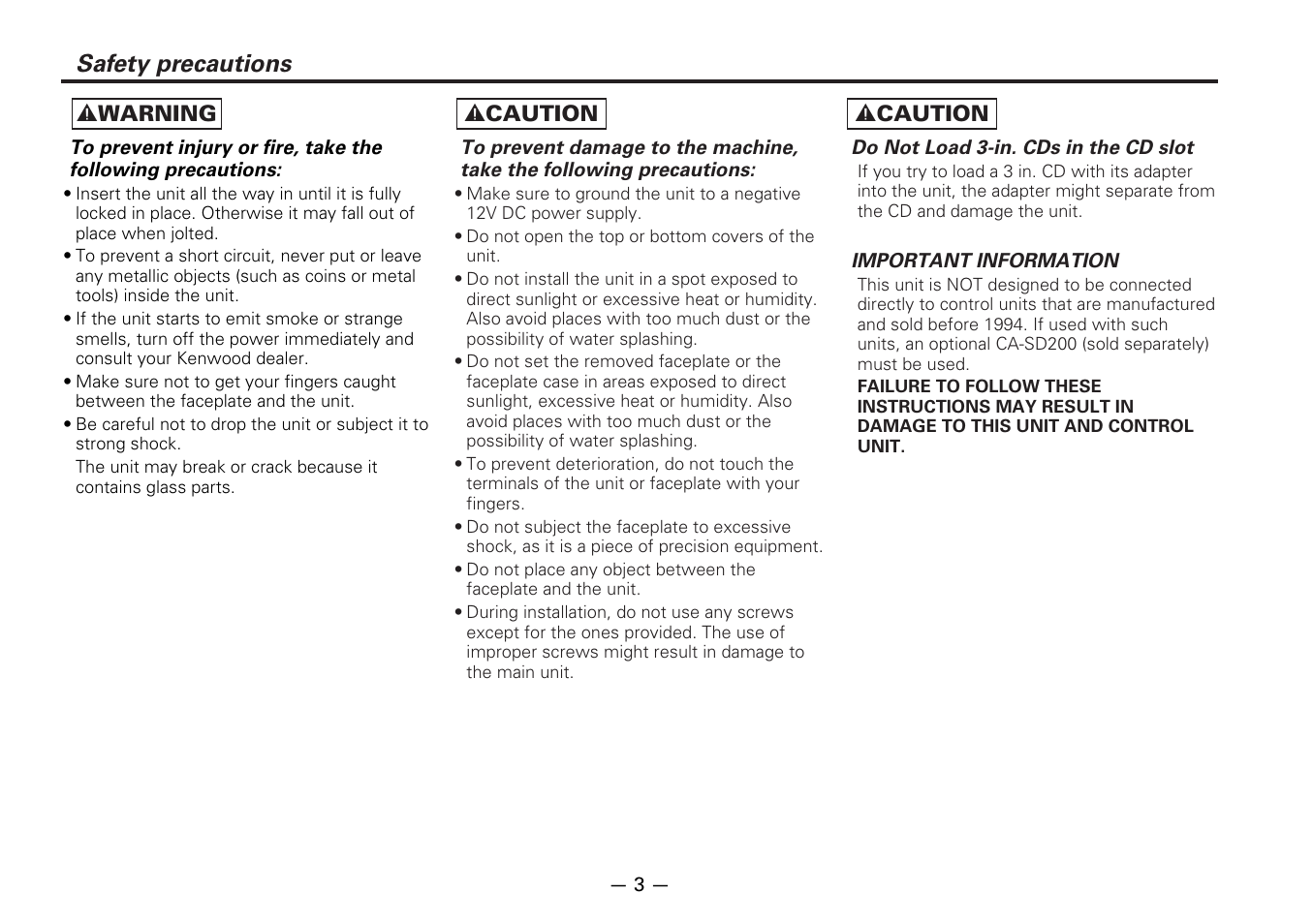 Safety precautions | Kenwood KDC-D300 User Manual | Page 3 / 15