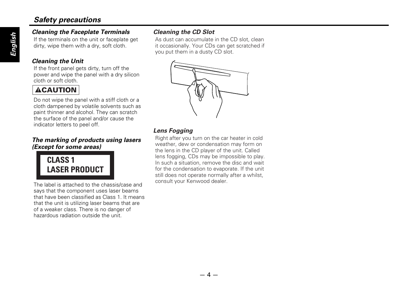 Class 1 laser product, Safety precautions | Kenwood KDC-D300 User Manual | Page 4 / 15