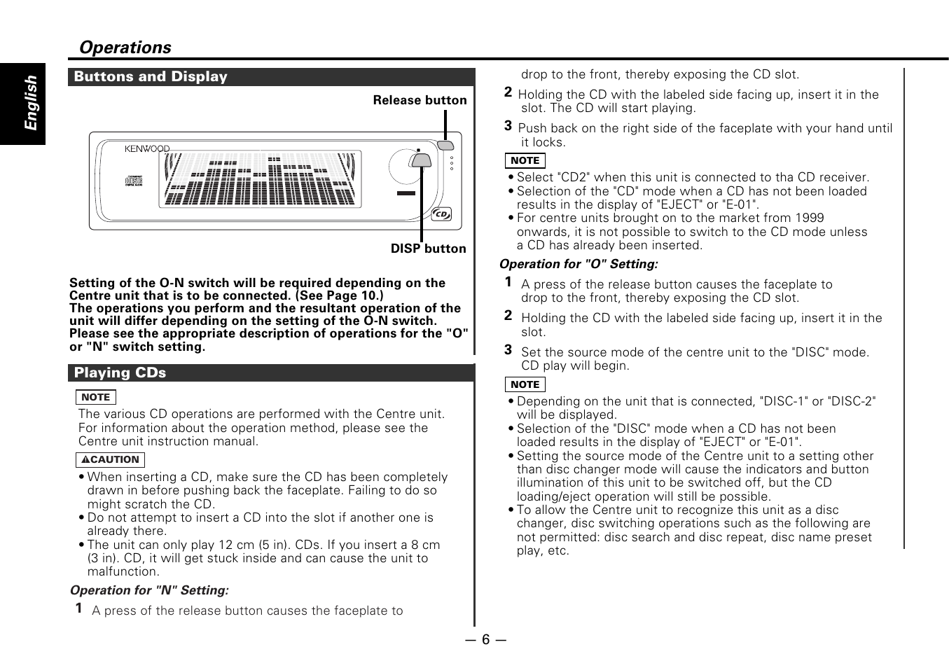 Operations, Buttons and display, Playing cds | English | Kenwood KDC-D300 User Manual | Page 6 / 15