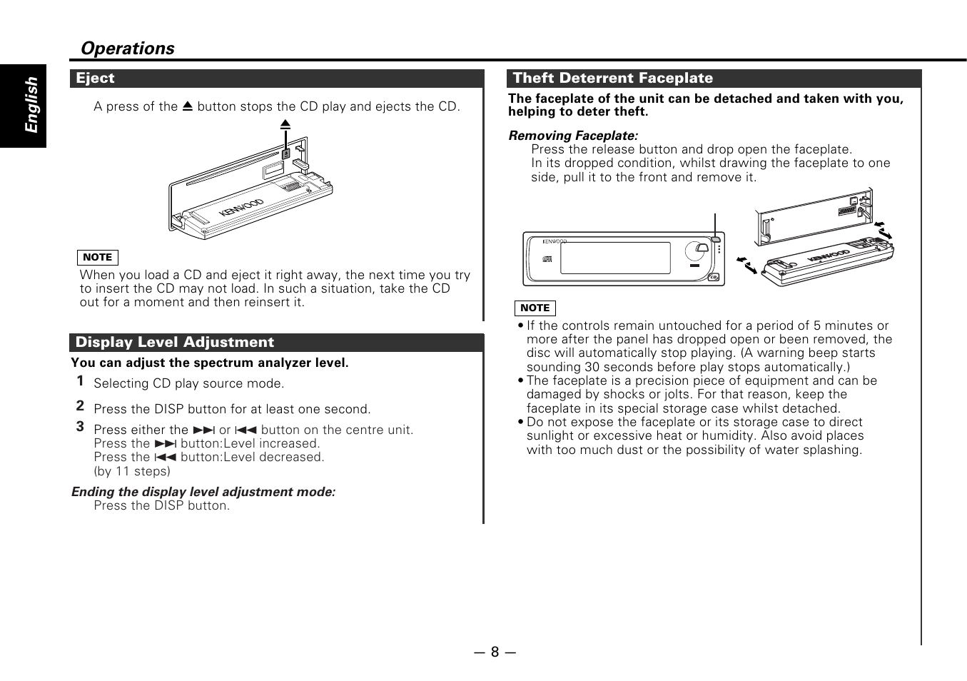 Eject, Display level adjustment, Theft deterrent faceplate | Operations, English, 32 1 eject, Integrated quad 1 bit d/a converter, Release button | Kenwood KDC-D300 User Manual | Page 8 / 15